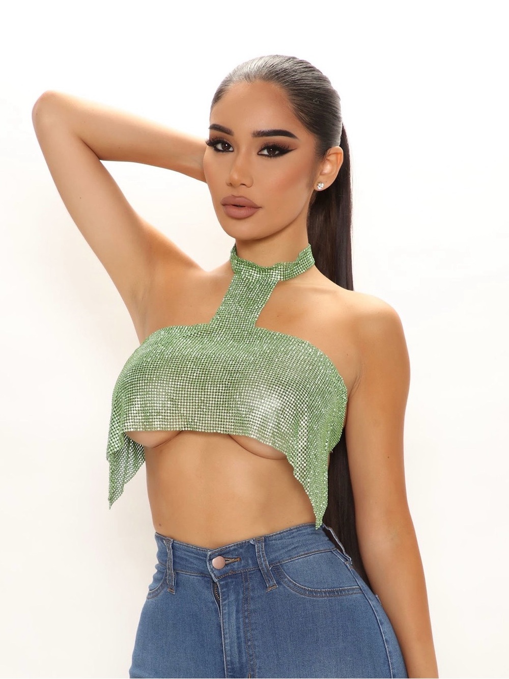 Fashion Nova Green Rhinestone Halter Crop Top
